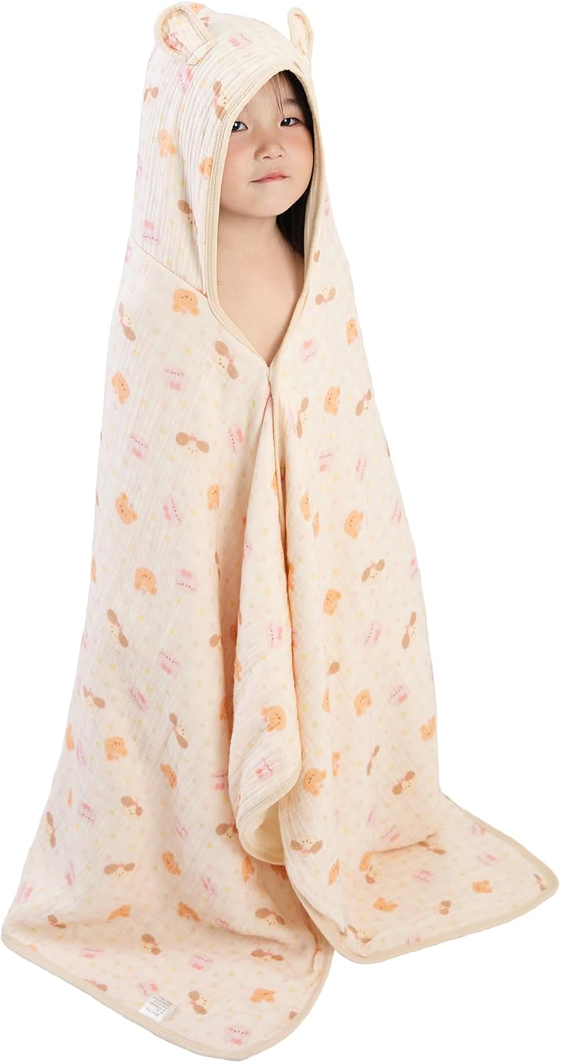 REMASS Hooded Towel Muslin Hooded Towel Made from Organic Cotton 6-Layer Cotton Bath Towel, Soft Bath Towels 25x51inches for Toddler Baby Girl (Galaxy Pet Party) - Image 1